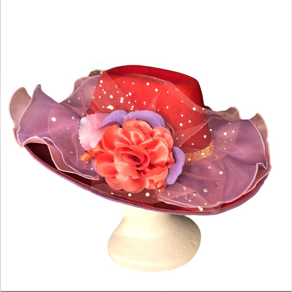 Handcrafted Fairy Vibe Red Gorgeous Tulle Ruffles Embellished Girls Hat NEW - Picture 4 of 6